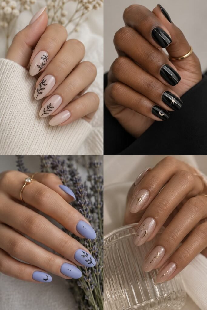 Nail decals shown over nude glossy, black, matte pastel, and subtle shimmer base finishes.