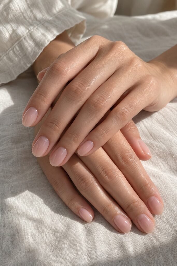 Sheer pale pink oval nails with a smooth glossy finish.
