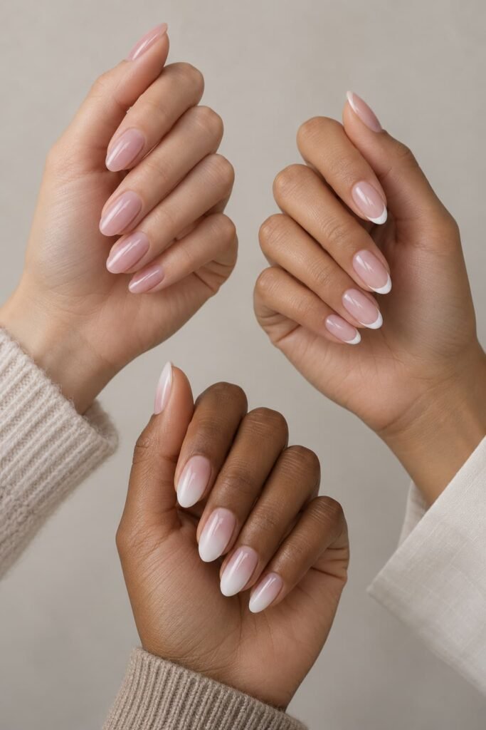 Sheer pink nails compared with French tips and pink-to-white ombre nails.