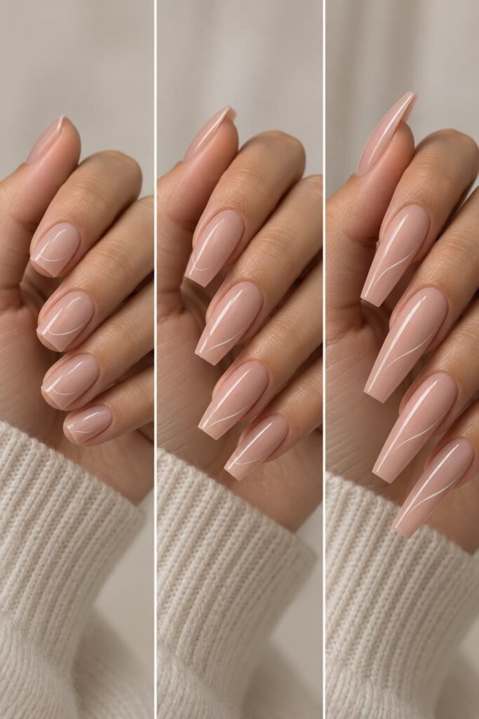 Short, medium, and long coffin nails shown with simple line art