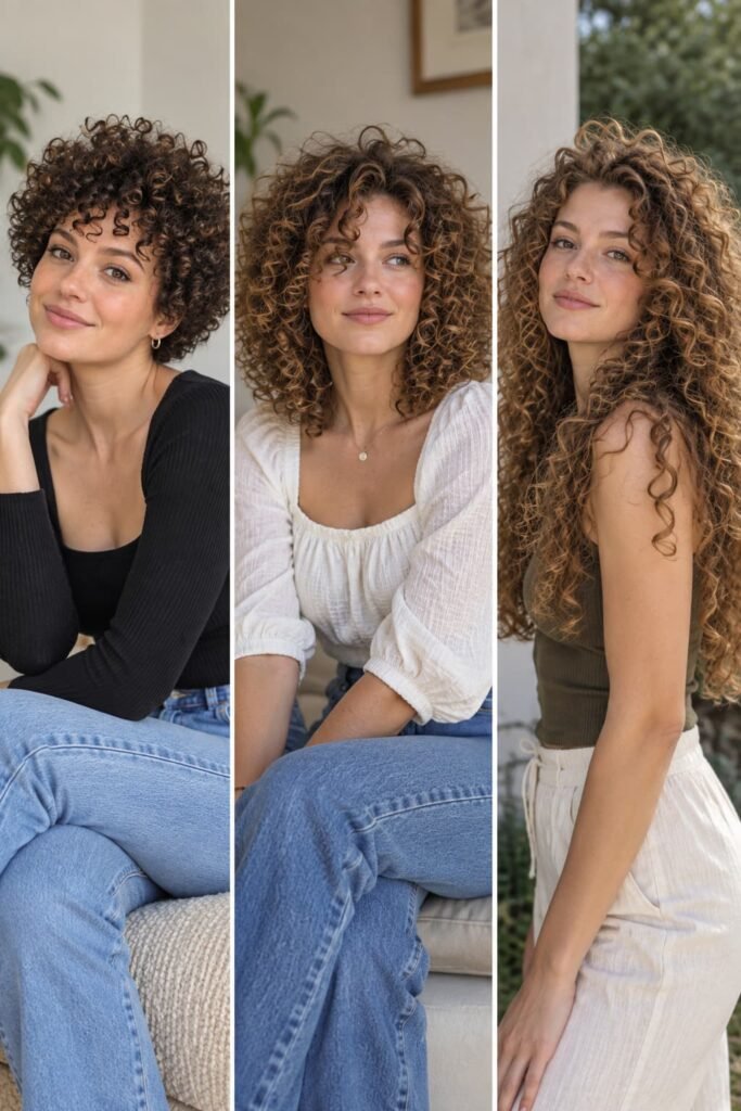 Short, medium, and long curly hairstyles showing different overall silhouettes