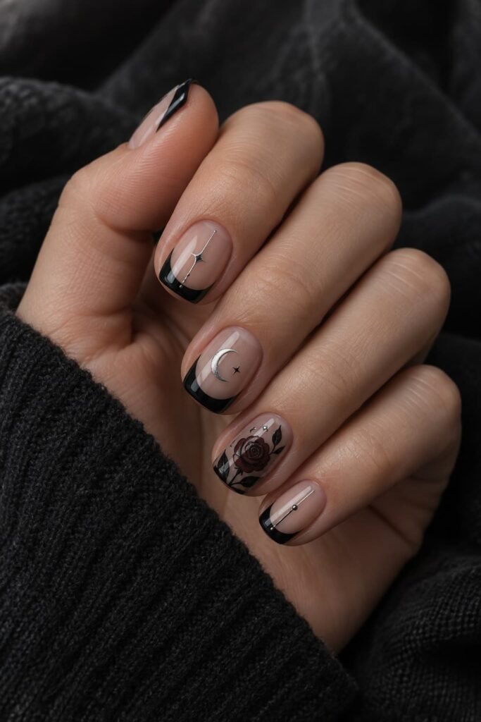 Short squoval nails with black French tips, a small silver moon, dark rose detail, and fine metallic accents.