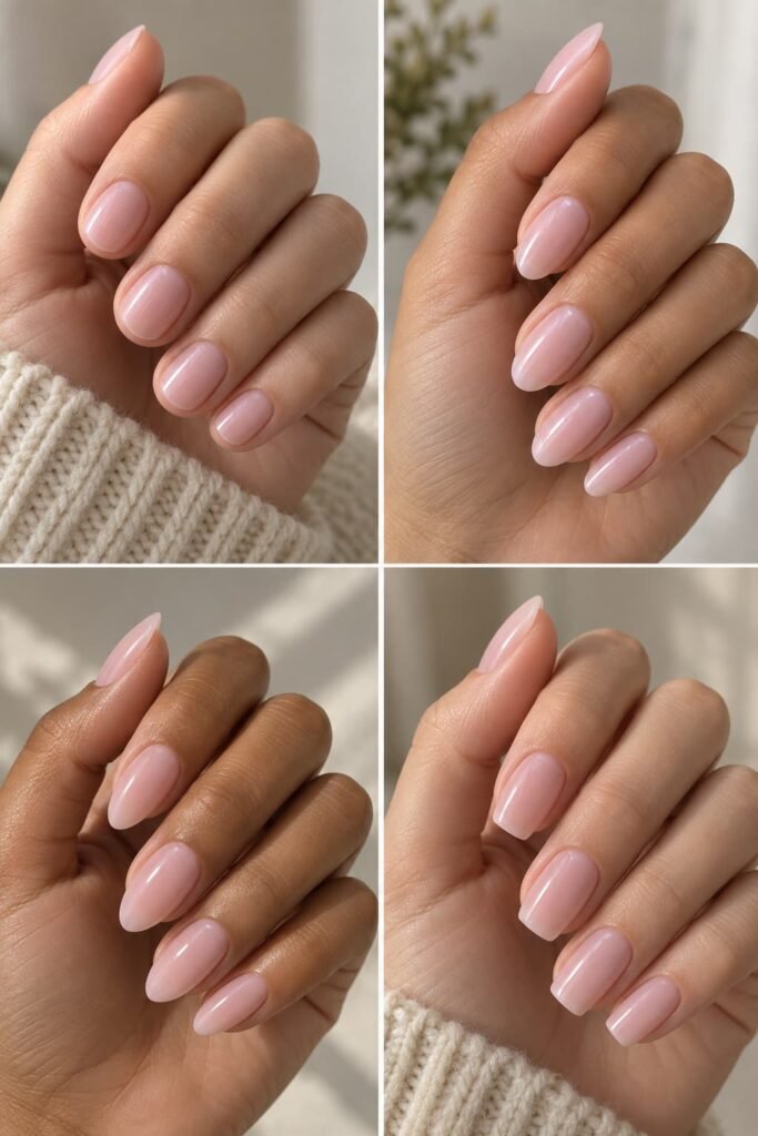 Soft pink glossy nails shown in rounded, oval, almond, and square shapes.