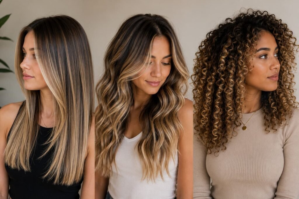 Straight, wavy, and curly hair with blonde balayage