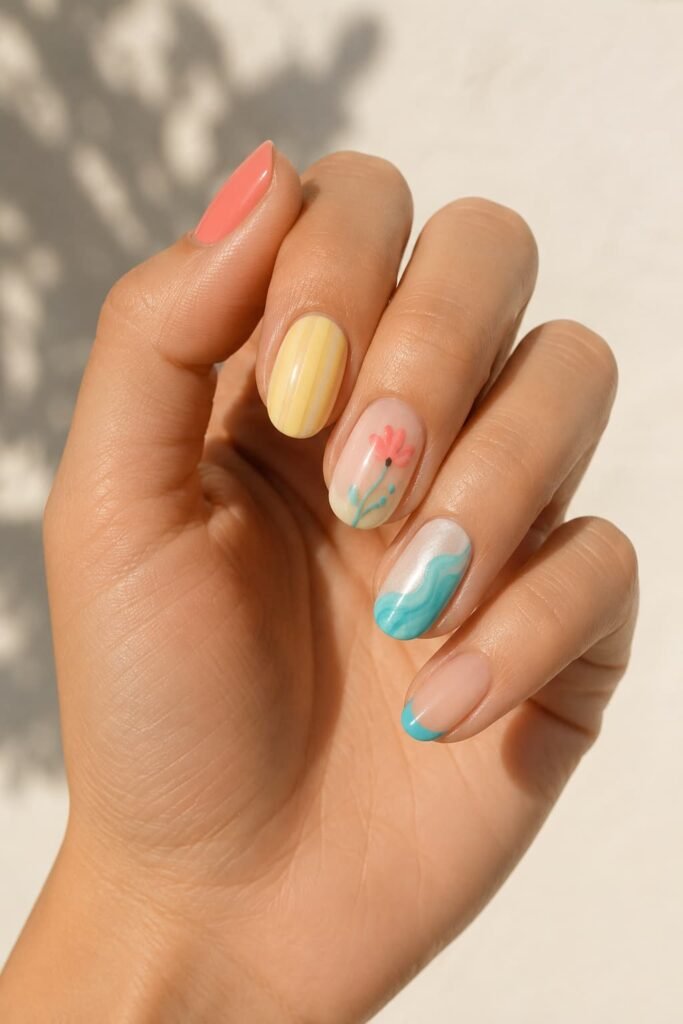 Summer manicure with coral, yellow, aqua, floral, wave, and colorful French tip details.