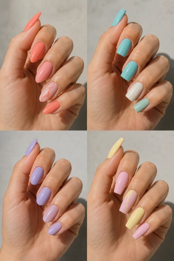 Summer manicures shown on almond, square, oval, and coffin nail shapes.