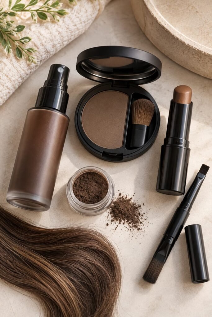 Temporary root touch up spray, powder, stick, and precision applicator