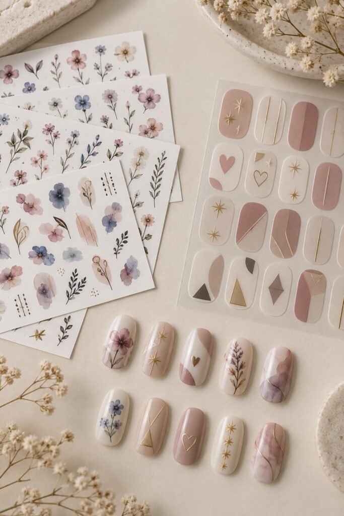 Waterslide-style nail decals and self-adhesive nail stickers displayed beside decorated nail tips.