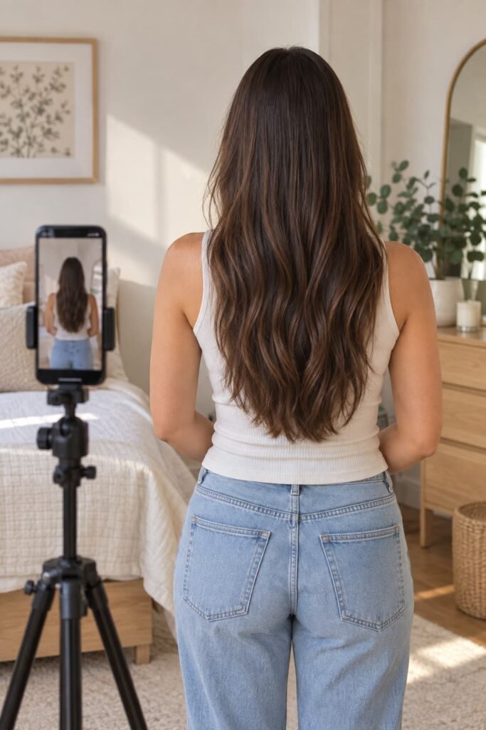 Woman using consistent photos to track changes in hair length over time