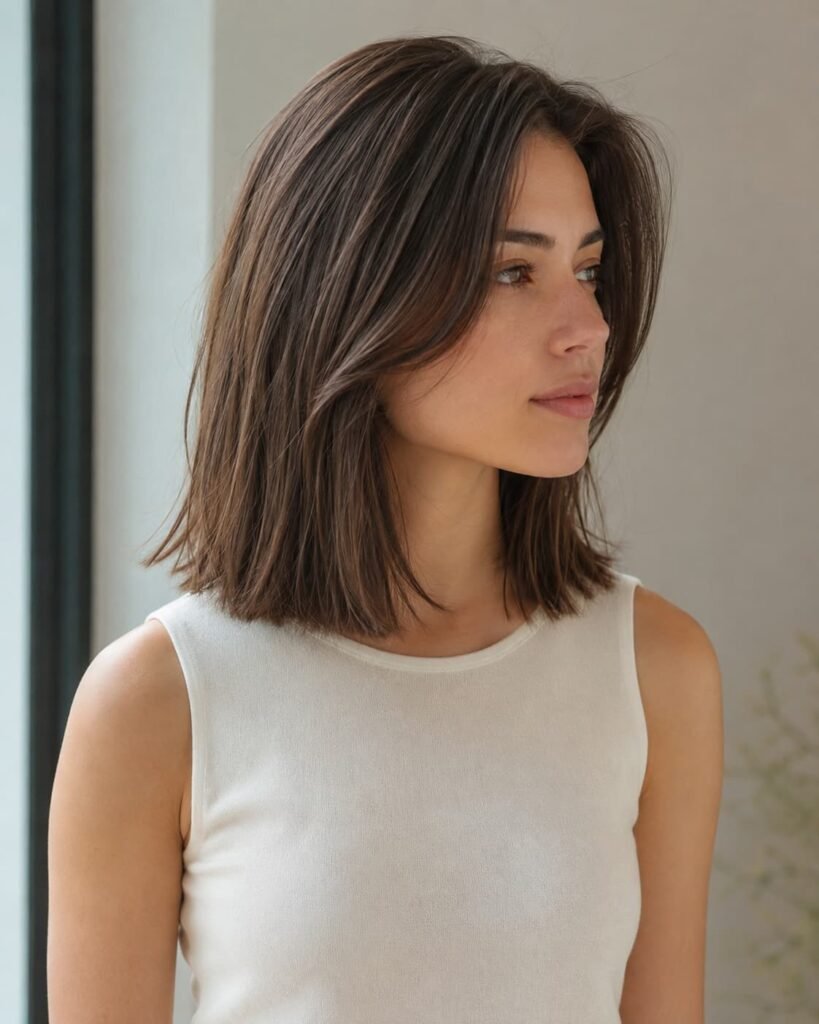 Woman with a collarbone-length long bob and soft natural movement.