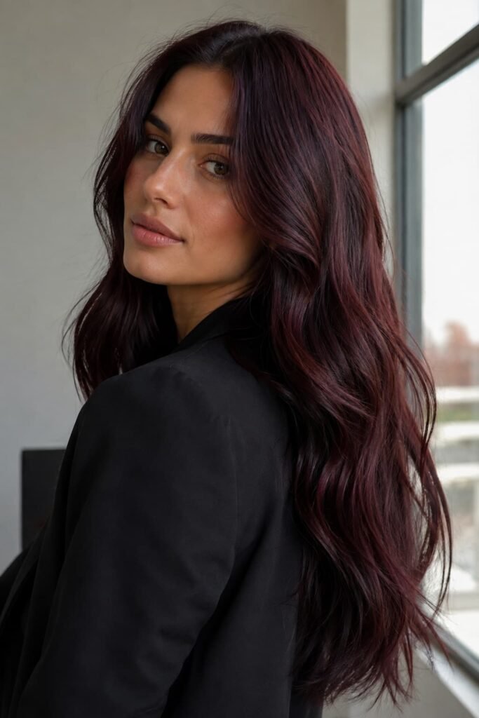 Woman with deep brunette cherry cola hair and burgundy-red reflections