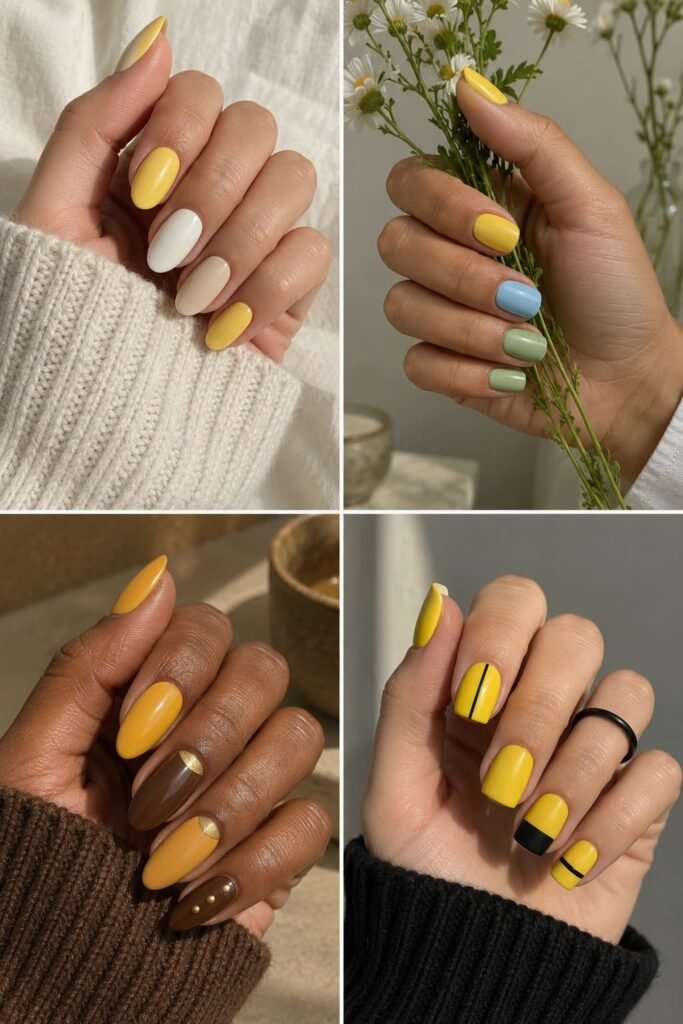 Yellow manicures paired with white, blue, green, brown, gold, and black.