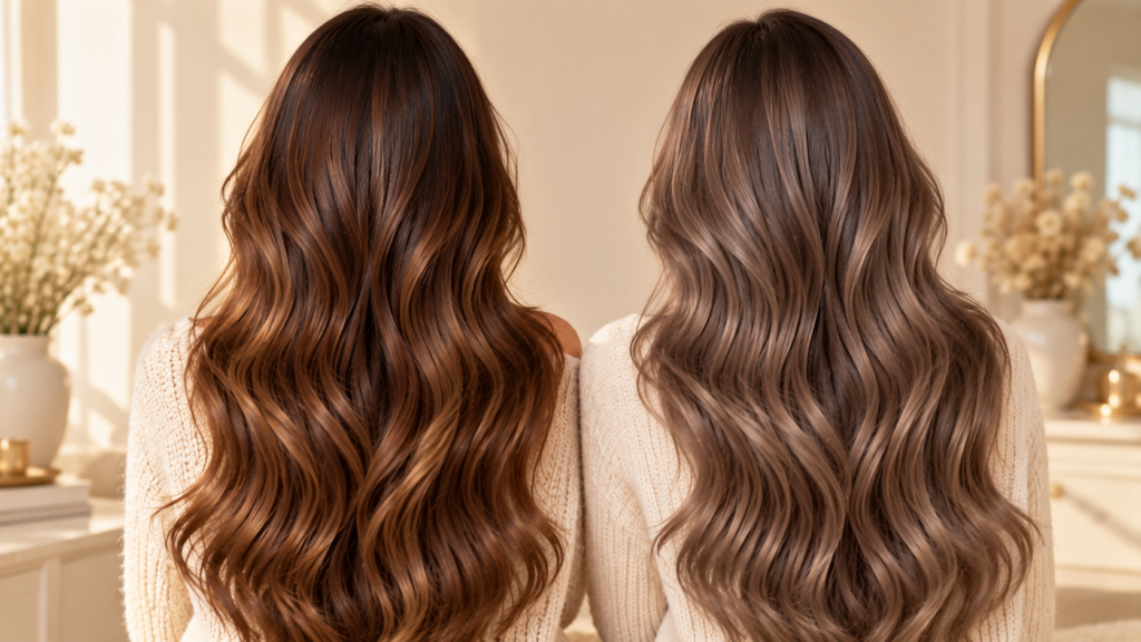 chocolate brown and mushroom brown hair color comparison