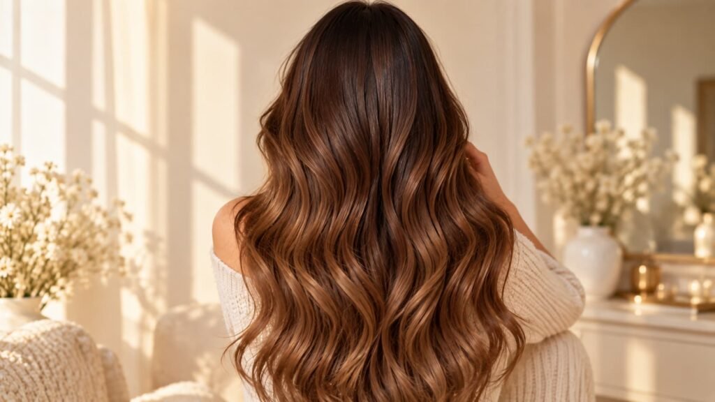 chocolate brown balayage with caramel brown dimension