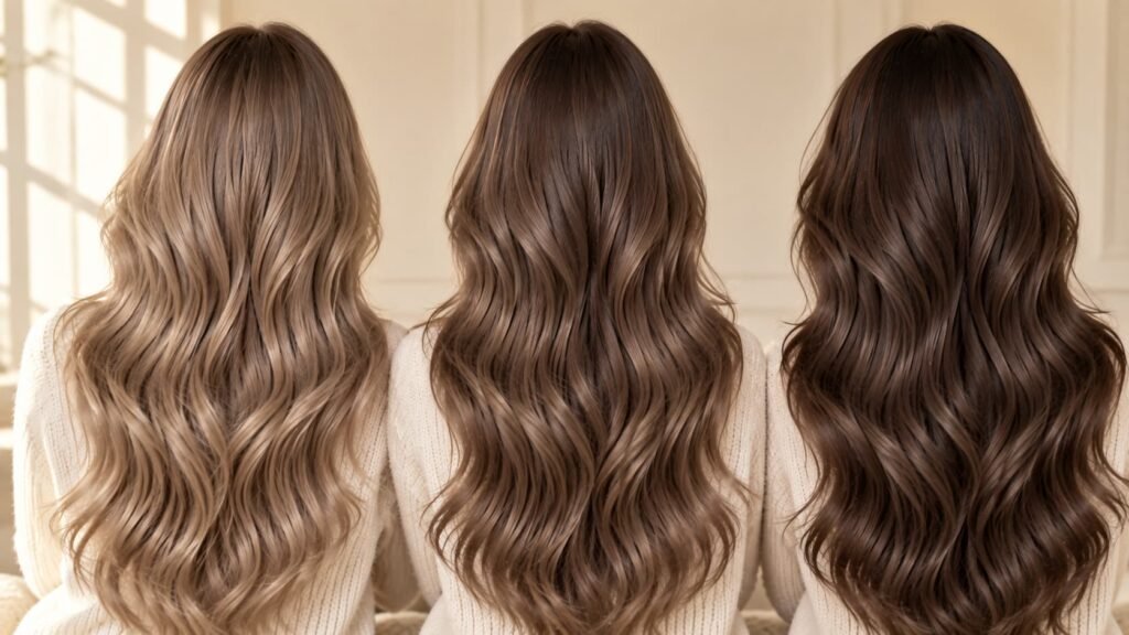 light medium and dark ash brown hair color comparison