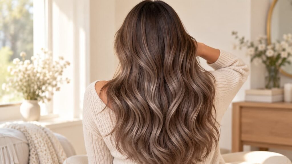 mushroom brown balayage with taupe highlights and darker roots