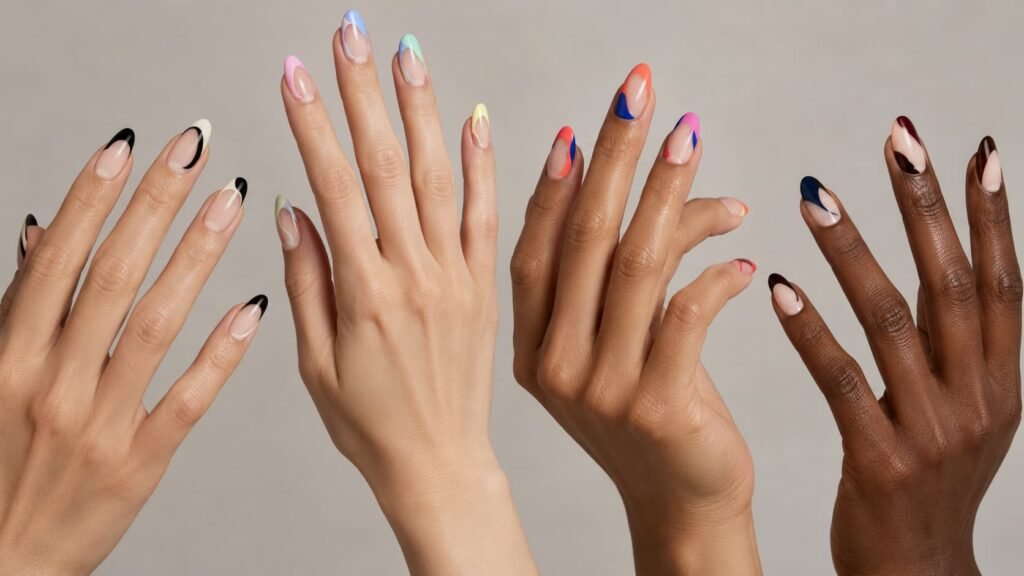 Abstract French tip nails shown in neutral, pastel, bright, and dark color palettes.