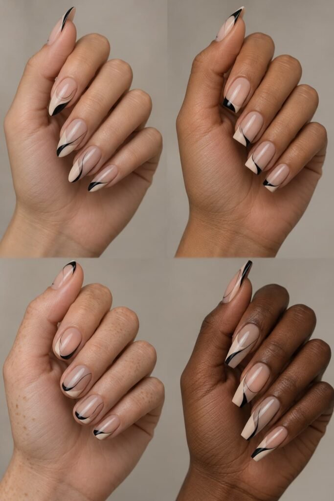 Abstract French tips on almond, square, round, and coffin-shaped nails.