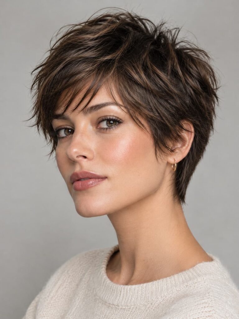 Adult woman with a tousled brunette shaggy pixie cut, choppy crown layers, wispy side-swept bangs, and softly textured ends.