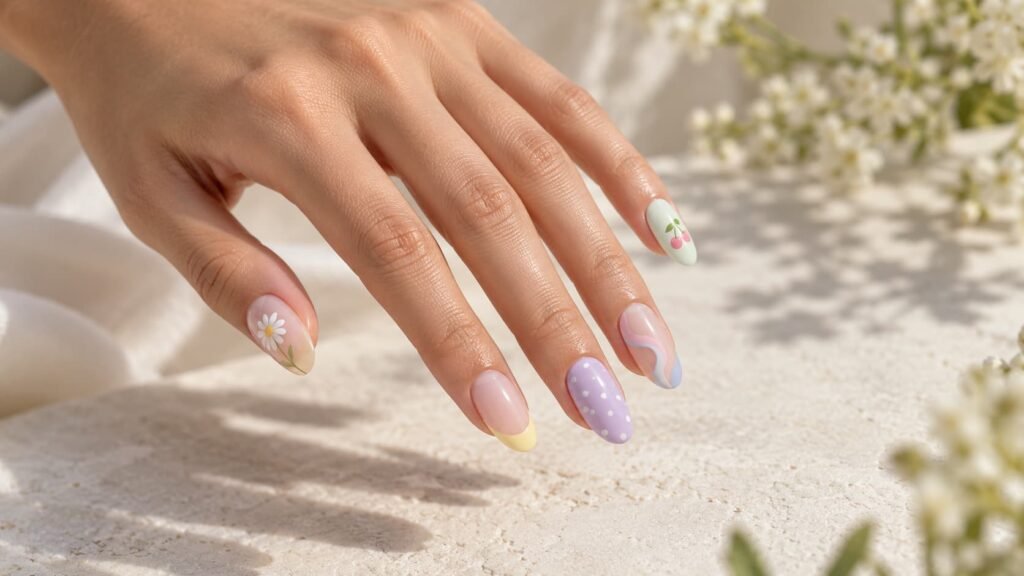 Almond, oval, round, square, and coffin nails with simple spring designs