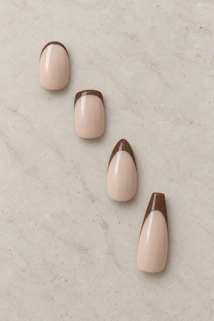Brown French tips on short round, short squoval, medium almond, and long coffin nail samples.