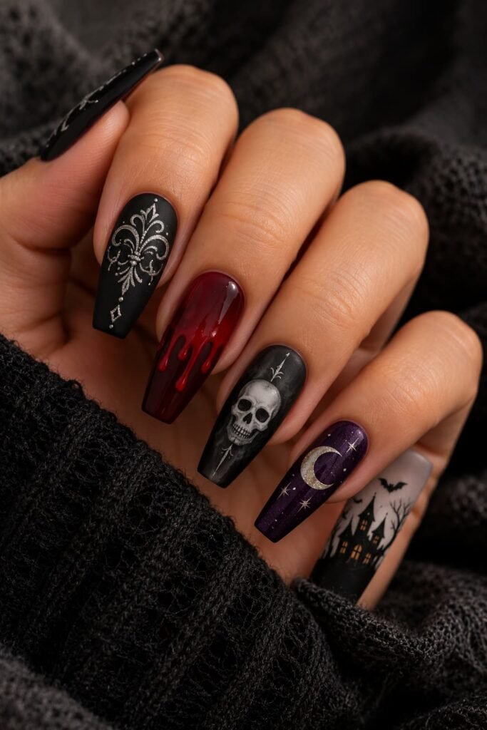 Coffin nails with black ornamental art, red drips, a skull, crescent moon, and haunted house.