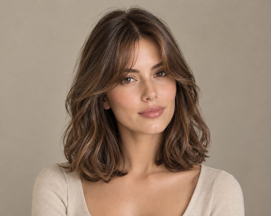 Collarbone-length clavicut haircut with soft, center-parted curtain bangs.