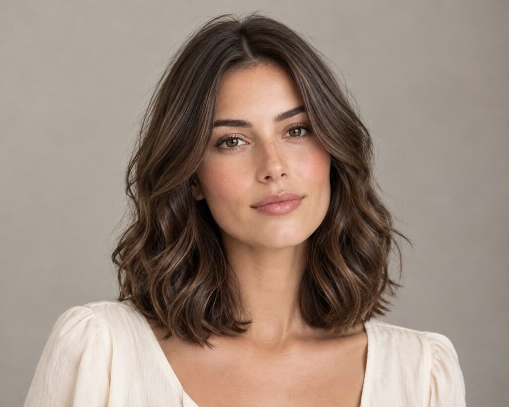 Collarbone-length clavicut styled with soft, loose waves.