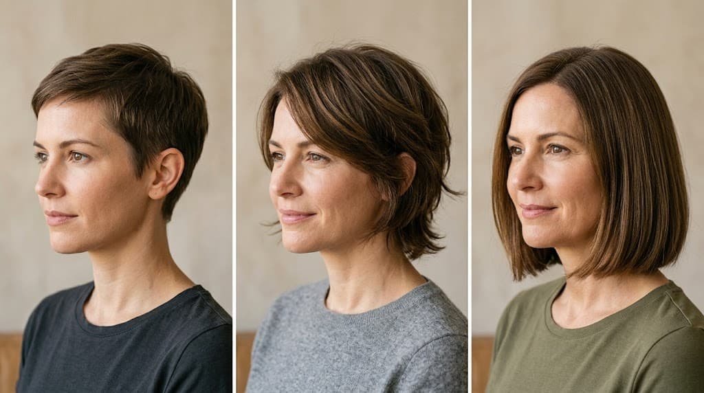 Comparison of a short pixie cut, layered bixie haircut, and chin-length bob on three different women.
