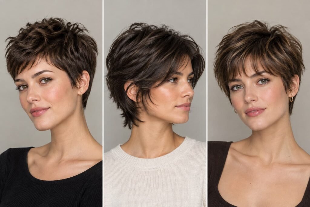 Comparison of short, long, and bang-framed shaggy pixie haircut variations.