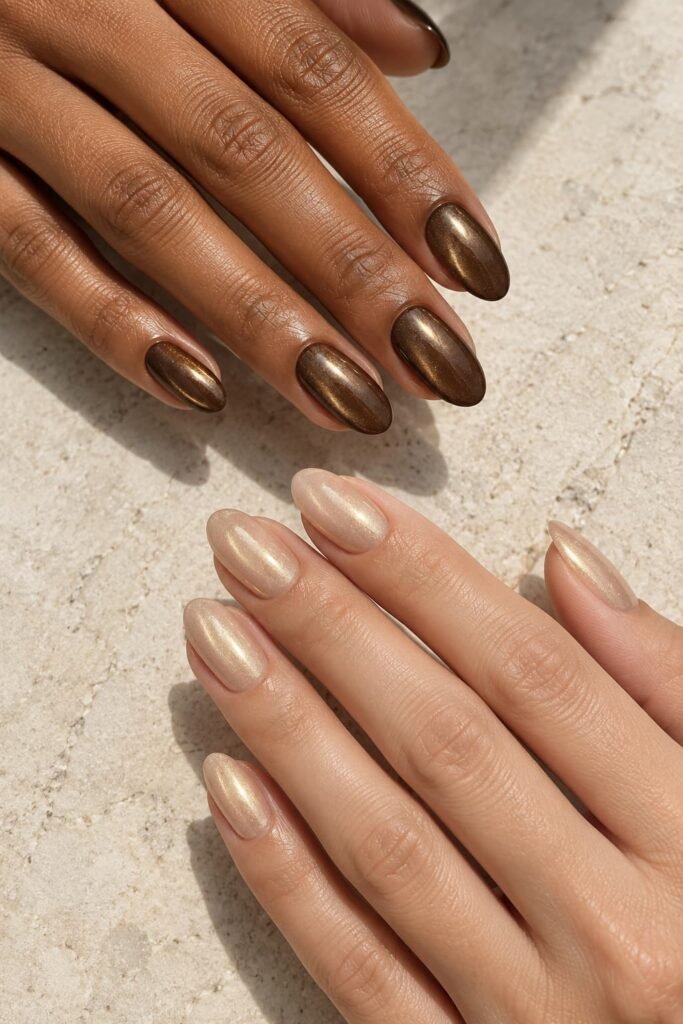 Dark espresso and light nude almond nails with champagne-gold pearlescent finishes.