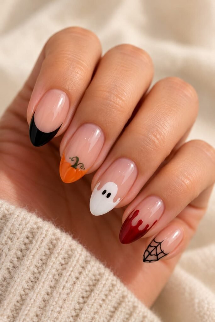 Five almond nails with black, pumpkin, ghost, red drip, and spiderweb French tips.
