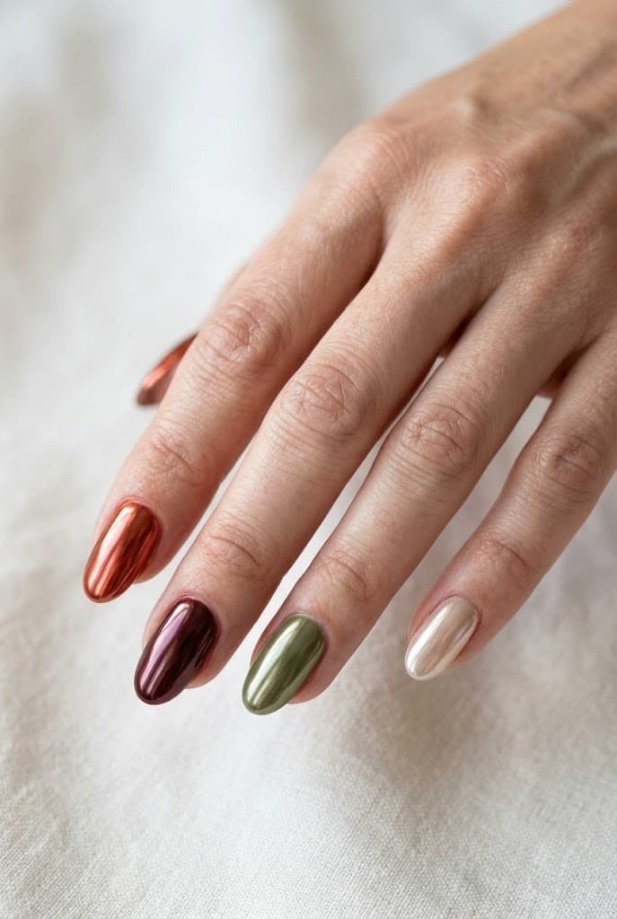 Five oval nails showing copper, chocolate brown, burgundy, olive green, and champagne chrome colors.