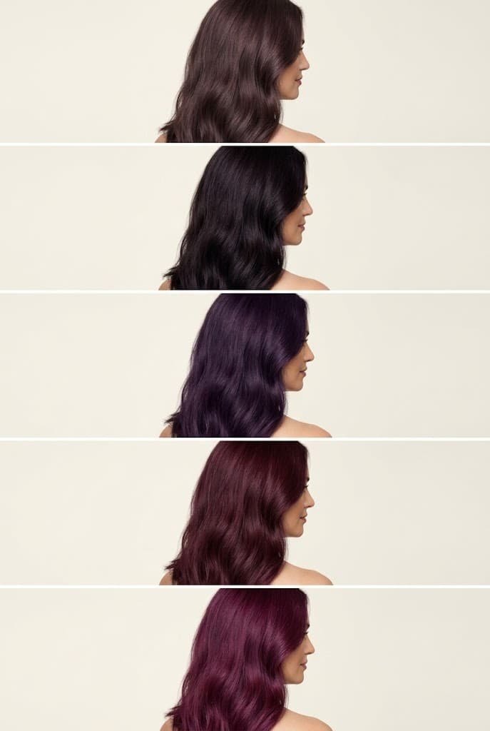 Five plum hair color ideas showing plum brown, black plum, eggplant, burgundy plum, and raspberry plum.
