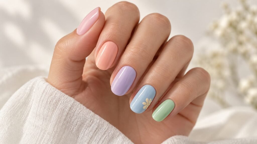 Five spring nail designs with daisies, pastel French tips, dots, abstract art, and fruit accent
