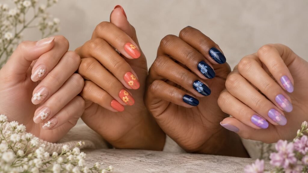 Floral nail designs in neutral, bright, dark, and pastel color palettes