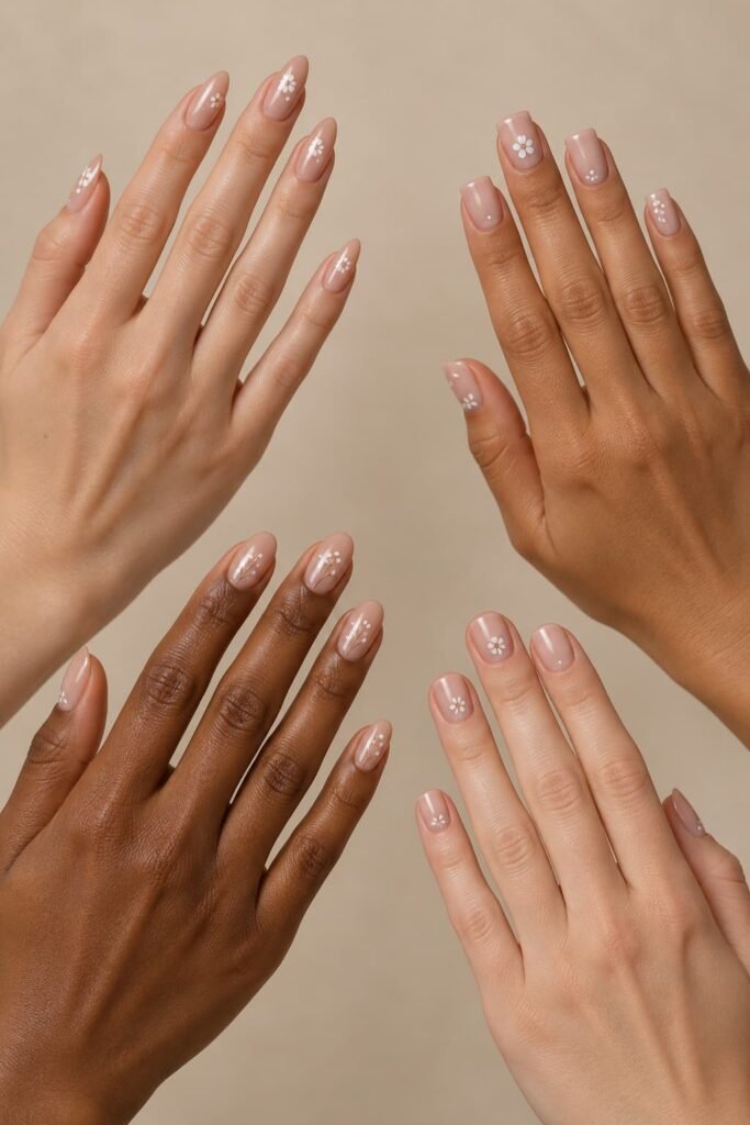 Floral nail designs in neutral, bright, dark, and pastel color palettes