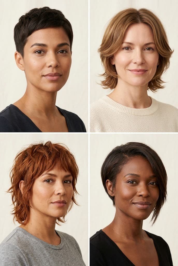 Four bixie haircut variations showing short, long, shaggy, and asymmetrical styles on different women.
