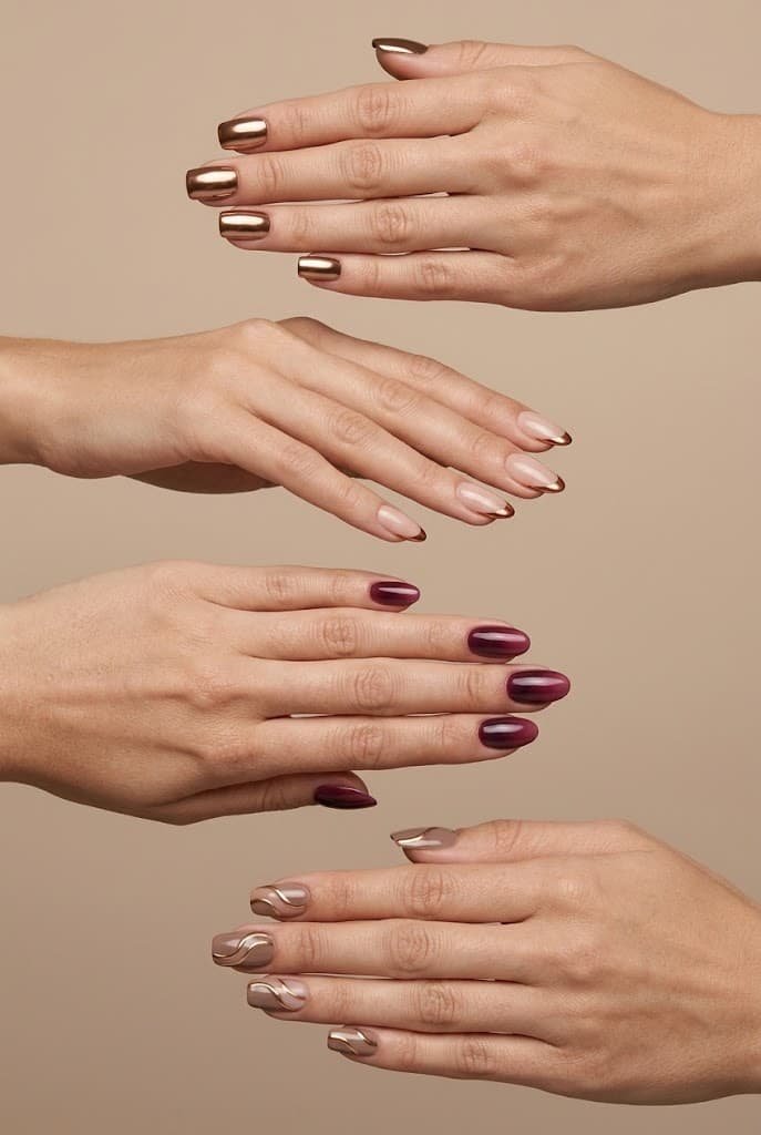 Four chrome manicure designs featuring bronze mirror nails, copper French tips, burgundy ombre, and metallic swirls.