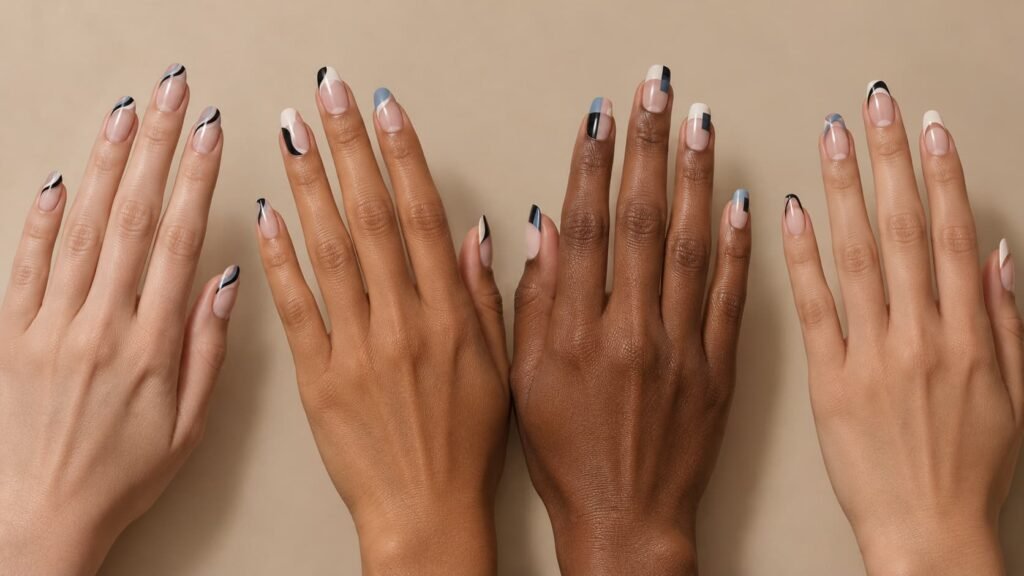 Four hands showing curved, asymmetrical, geometric, and negative-space French tip designs.