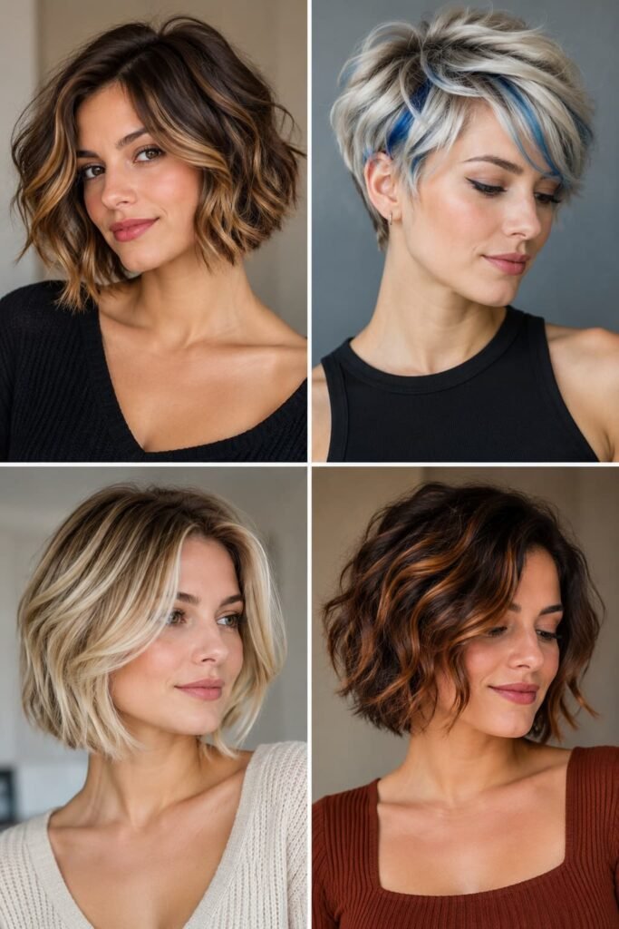 Four short hairstyles with caramel, platinum blue, blonde, and copper highlights