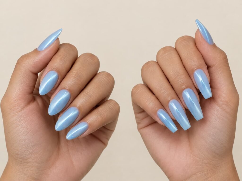 Light blue cat eye manicure shown on almond-shaped and coffin-shaped nails.
