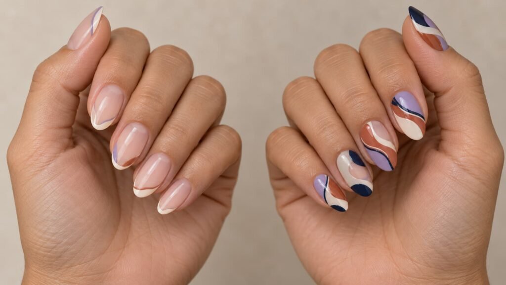 Minimal and bold abstract French tip nail designs shown side by side.