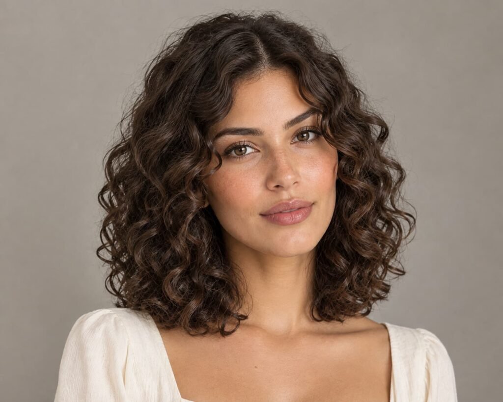 Naturally curly, collarbone-length clavicut with defined dark-brown curls and face-framing pieces.