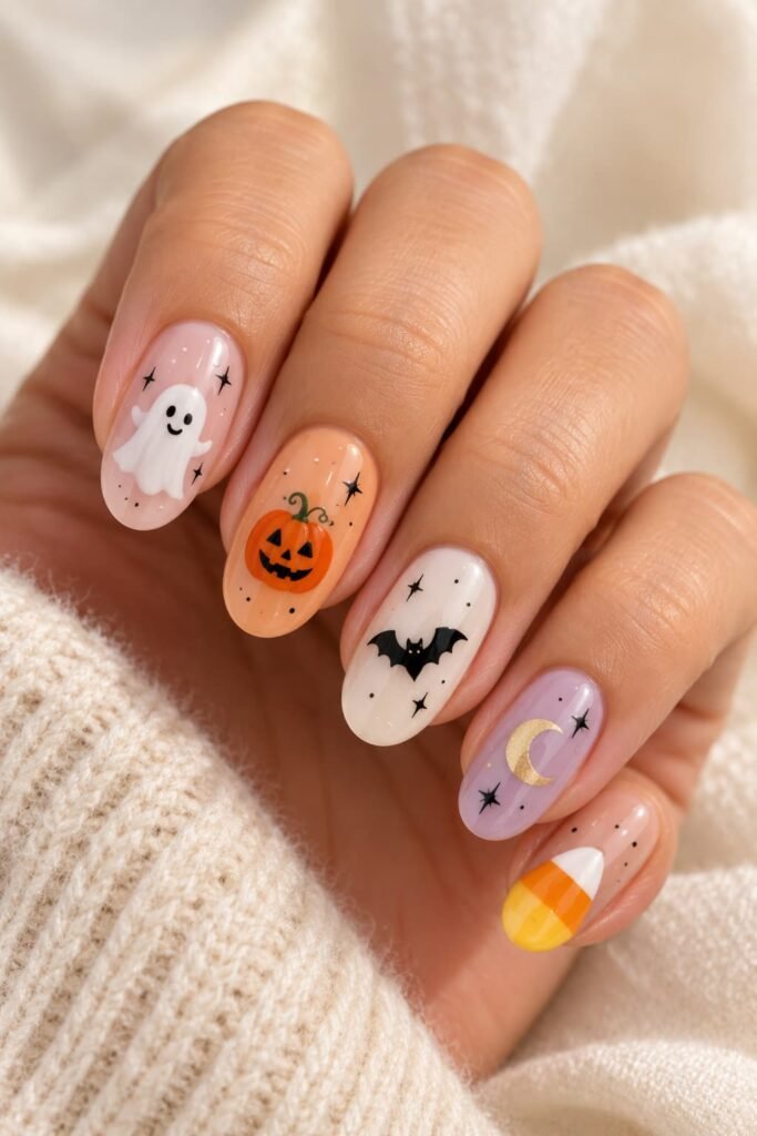 Pastel oval nails with a white ghost, orange pumpkin, black bat, crescent moon, and candy corn design.