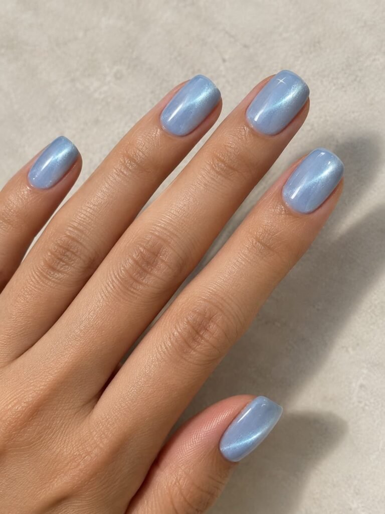 Powder-blue cat eye nails with diagonal magnetic shimmer and a small white star accent.