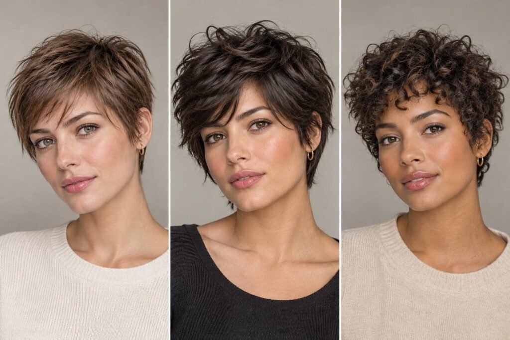 Shaggy pixie haircut examples on fine straight, thick wavy, and naturally curly hair.