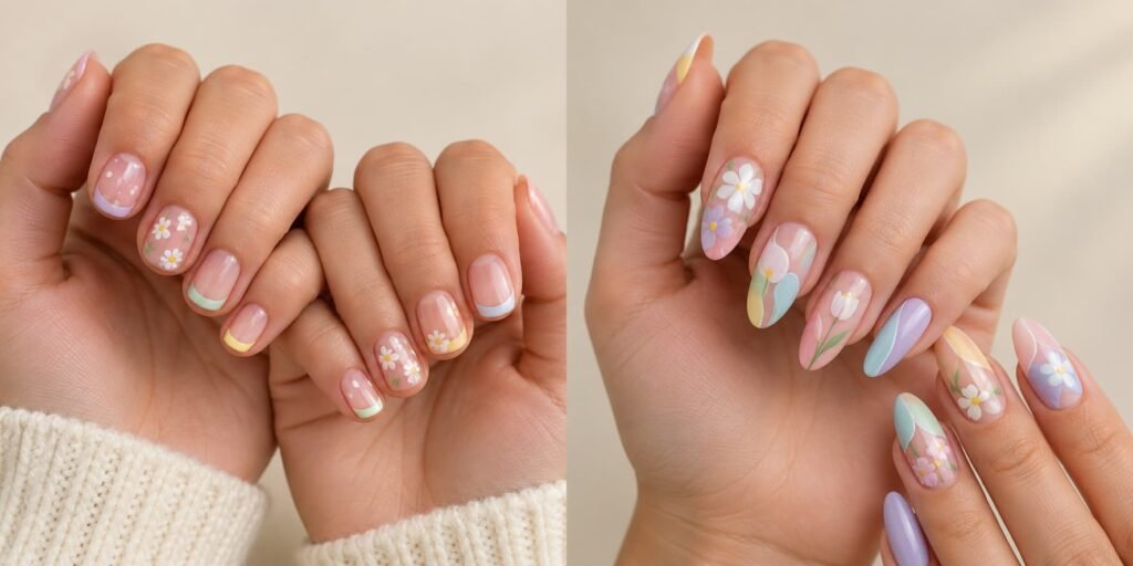 Short and longer spring nails showing different design scale
