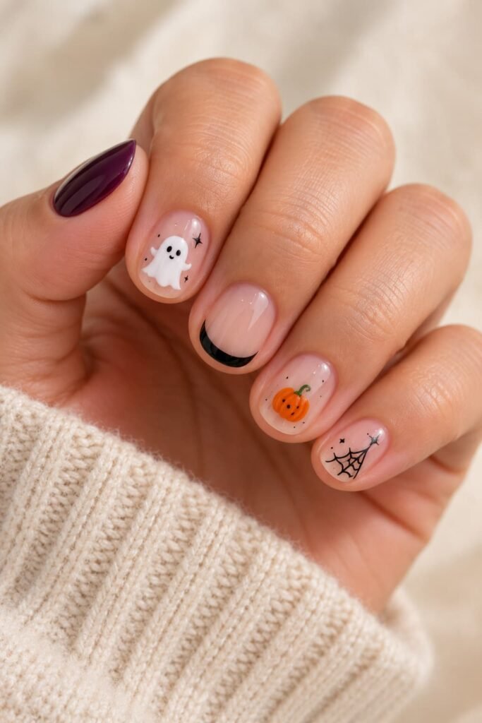 Short rounded nails with a ghost, black French tip, pumpkin, spiderweb, and purple accent.