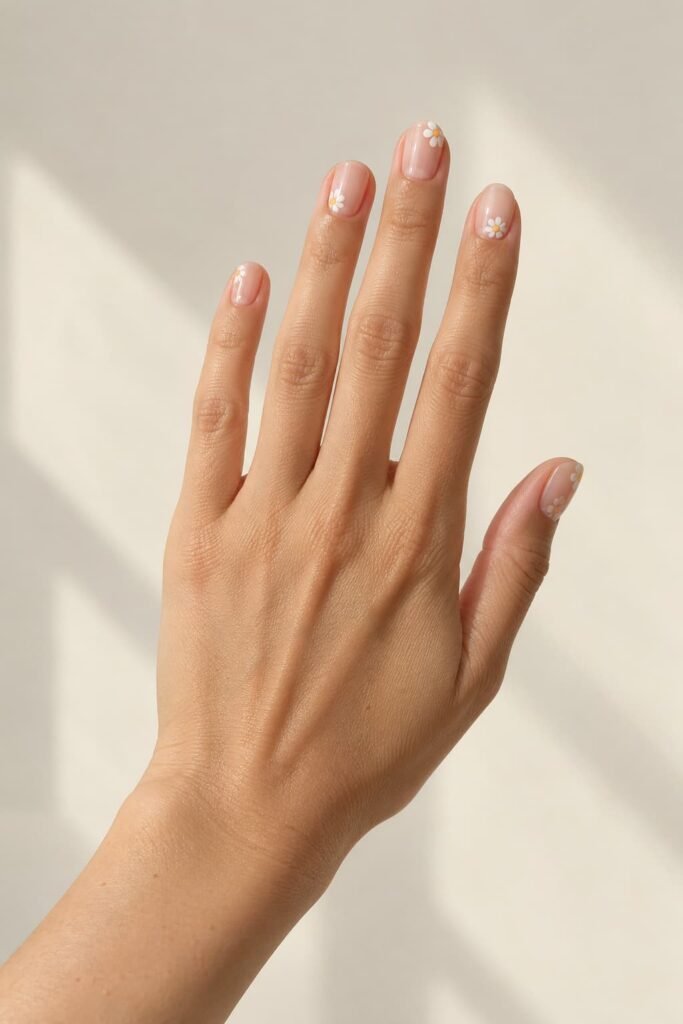 Short rounded nails with tiny white and yellow daisy accents